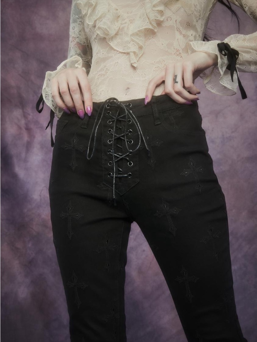 Dolls Kill Black Widow Fairy Cross Lace-Up Embroidered High-Waist Skinny Jeans